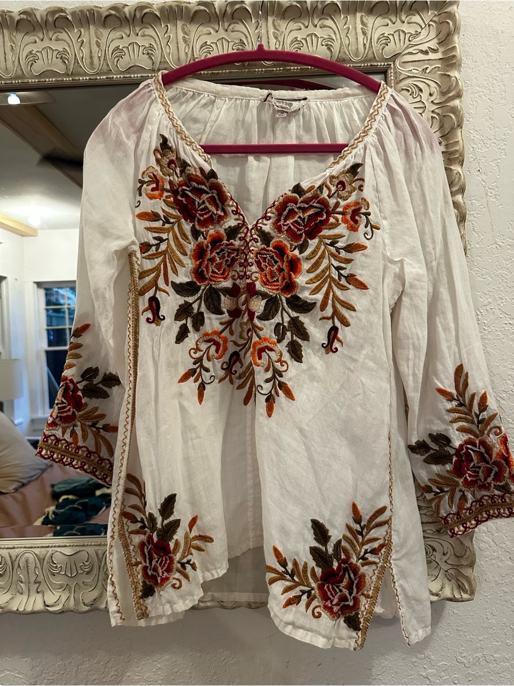 Johnny Was White Peasant Blouse with Rust & Olive Floral Accents